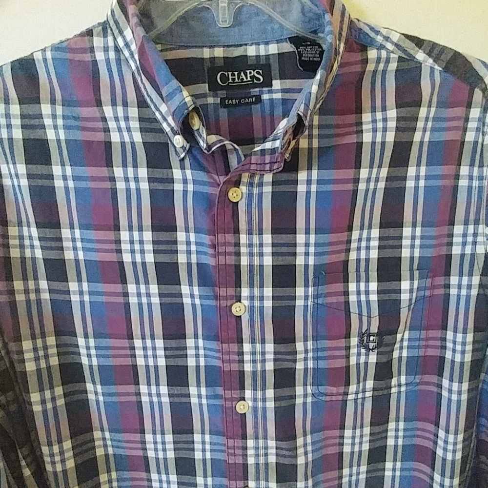 CHAPS Mens Easy Care Purple & Blue Plaid Shirt Size L